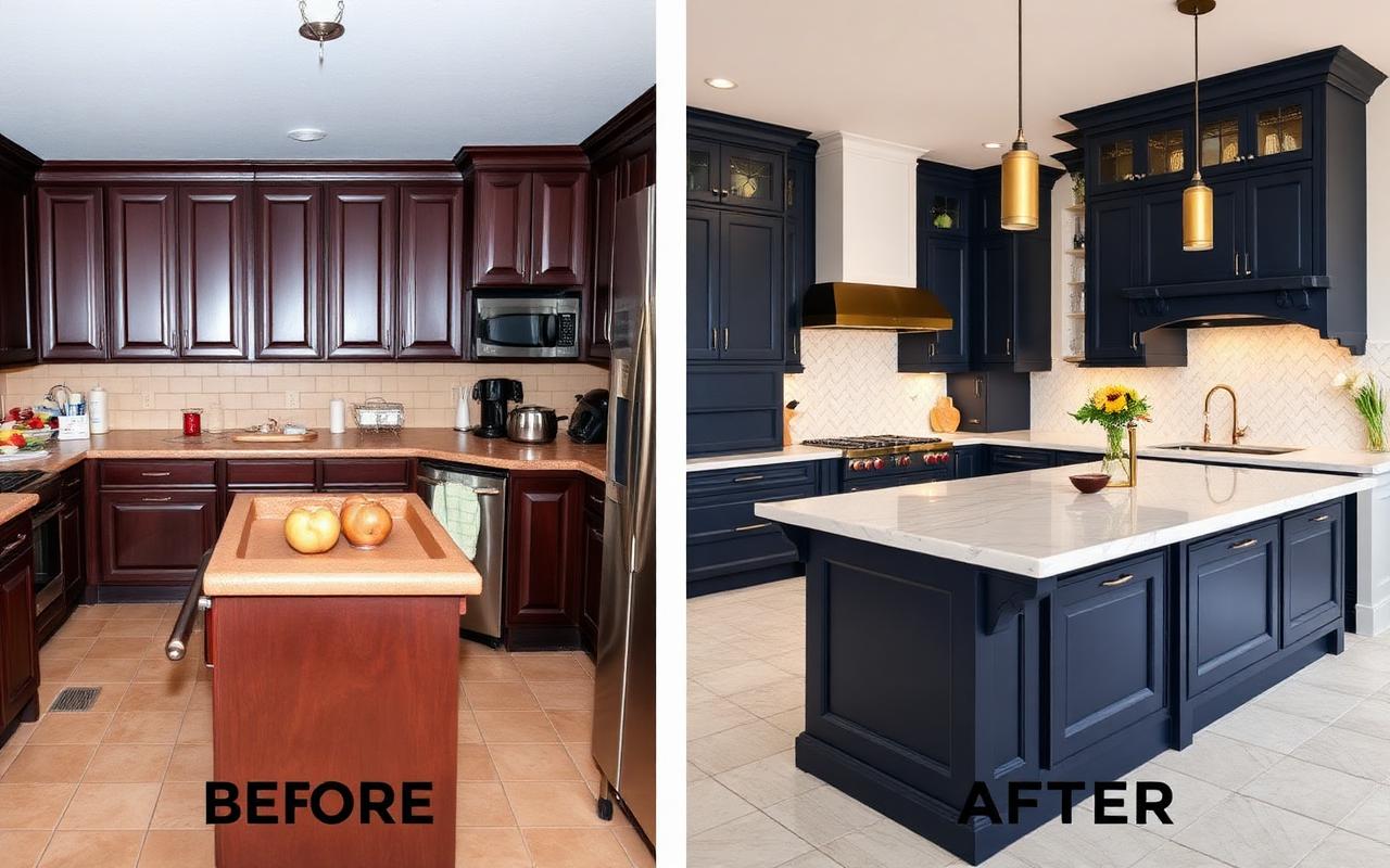 Dated cherry kitchen remodeled into elegant navy kitchen with herringbone backsplash
