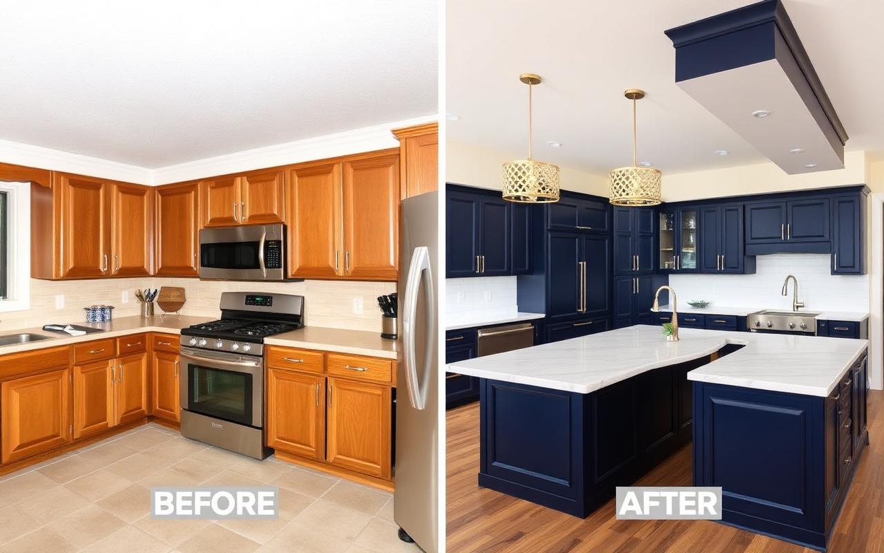 Oak kitchen transformed into modern navy shaker kitchen with quartz waterfall island