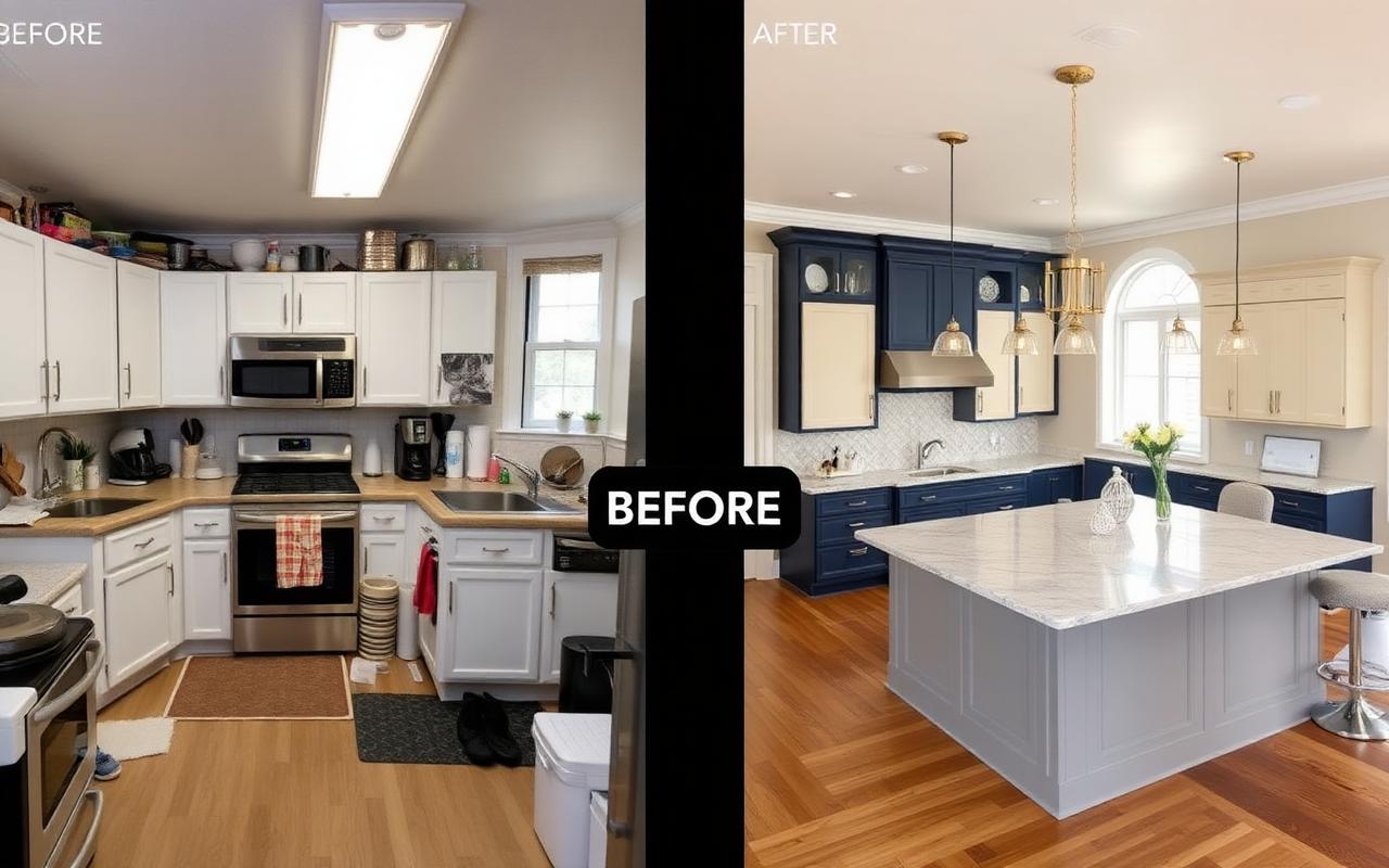 Cramped kitchen opened up with two-tone cabinetry and gold pendant lighting