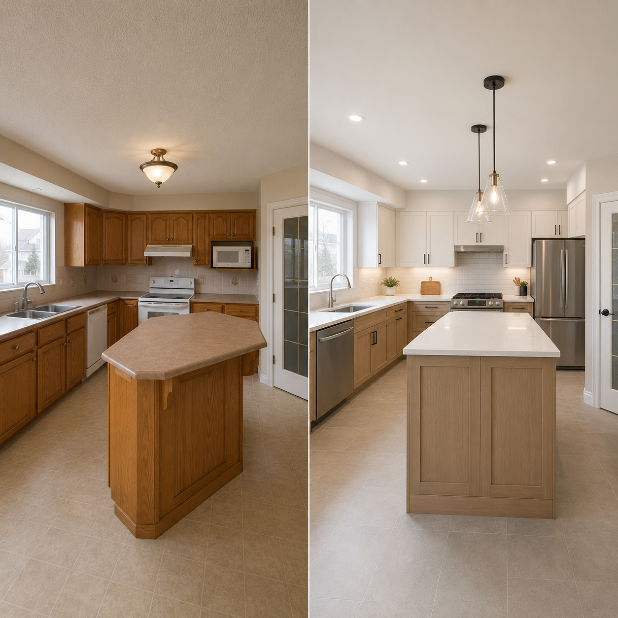Calgary kitchen before and after — navy cabinets and gold hardware
